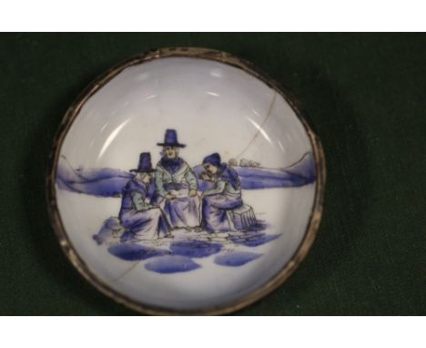 A HALLMARKED SILVER RIMMED CERAMIC DISH A/F