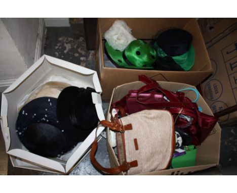A BOX A LADIES VINTAGE BAGS, to include examples by Jaeger and Karen Jones, together with a box a ladies vintage hats, to inc