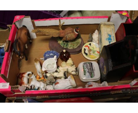 A TRAY OF CERAMIC FIGURES, CANDLE BOXES ETC
