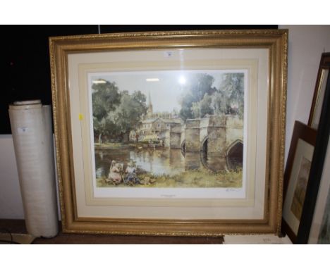 A LARGE GILT FRAMED AND GLAZED SIGNED E R STURGEON ENTITLED BY THE WYE BAKEWELL