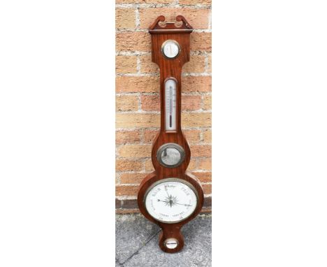 A MAHOGANY BANJO BAROMETER/THERMOMETER/HYGROMETER with mirror inset and swan neck pediment, 96cm high