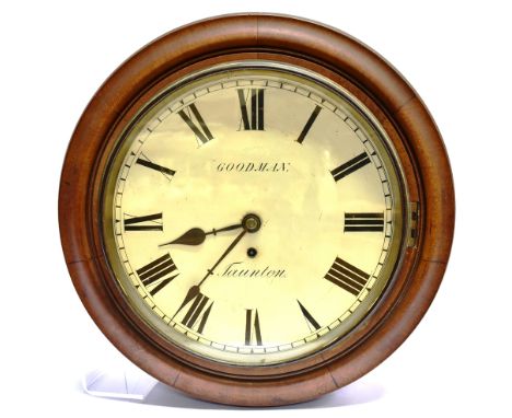 A VICTORIAN MAHOGANY CASED SCHOOL CLOCK  with fusee movement, the 12' enamel dial inscribed 'GOODMAN Taunton', 41cm diameter 