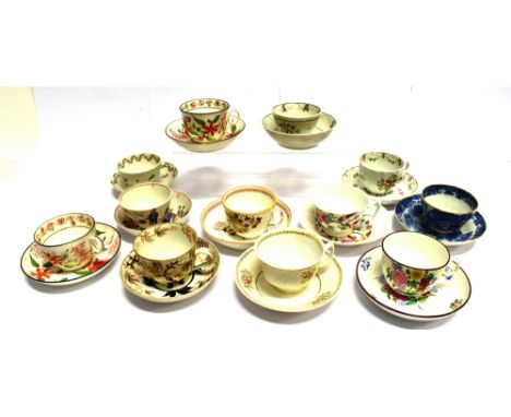 A GROUP OF LATE 18TH/EARLY 19TH CENTURY NEW HALL CERAMICS  including a tea bowl and saucer decorated in the 'Trench Mortar' p