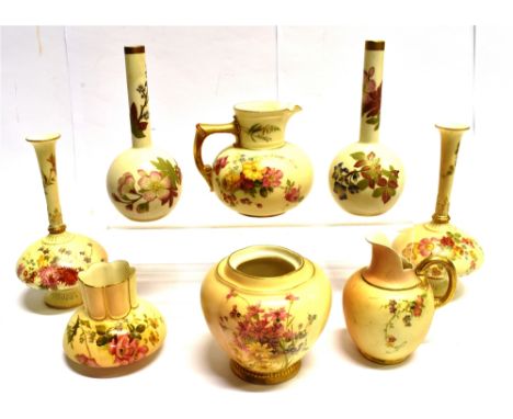 EIGHT ITEMS OF ROYAL WORCESTER BLUSH IVORY GROUND CERAMICS  including a pair of vases pattern 1748, date code 1895, another p