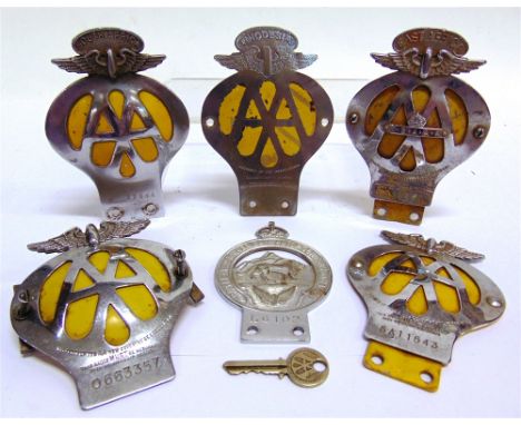 FIVE A.A. CHROME BADGES  including East Africa; South Africa; and Rhodesia examples; together with an A.A. key; and a Royal E