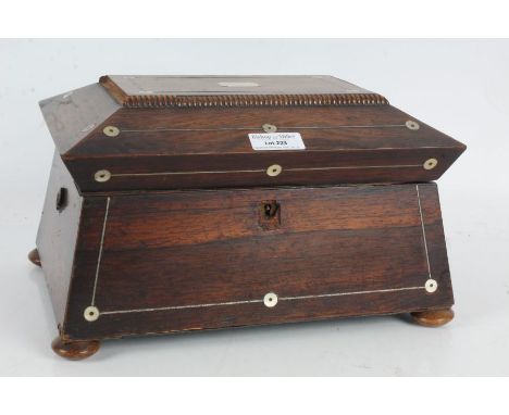 Victorian rosewood and mother of pearl inlaid jewellery box, the hinged top above an angled base with conforming mother of pe