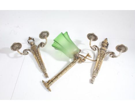 Pair of 20th century silvered regency style twin branch wall sconces together with a brass wall hanging lamp with green shade