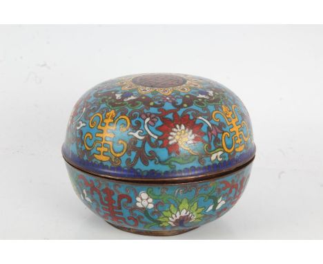 Chinese cloisonne pot and cover, the blue ground with scroll and foliate decoration, 14cm diameter
