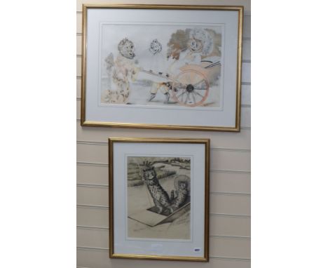 After Louis Wain, two ink and watercolour drawings, Cats punting and in a carriage largest 36 x 54cm
