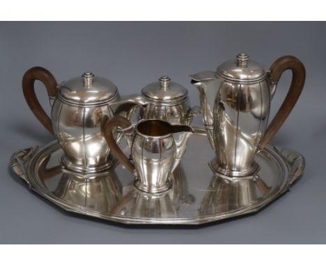 A four piece French silver plated tea and coffee set with matching tray tray length 52cm