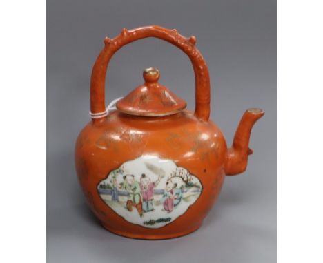 A Chinese coral ground famille rose teapot, late 19th century, H. 13cmProvenance - The present owner lived and worked in Hong