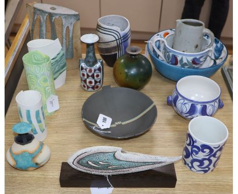 A collection of decorative studio and other pottery and porcelain, including a vase by Marianne de Trey, three 'Collage' vase