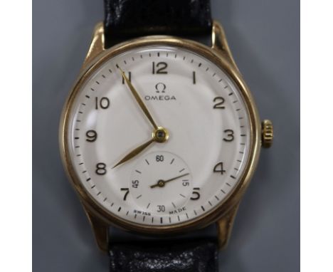 A gentleman's 1940's 9ct gold Omega manual wind wrist watch, movement c. 30 T2 PC, with engraved inscription, on associated l