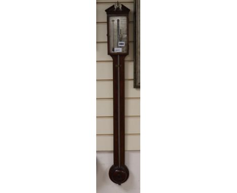 A Georgian mahogany stick barometer by Jn. Ortelly &amp; Co, 94 Holborn Hill, London, with silvered scales H.95cm