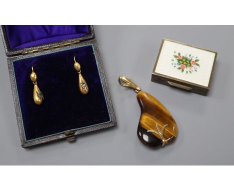 A pair of Victorian yellow metal and gem set drop earrings, an Italian 925 and enamel pill box and a tiger's eye quartz penda