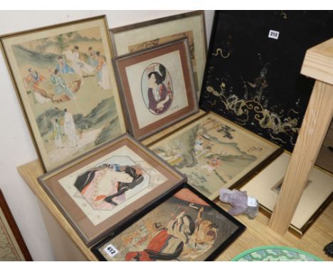 Six Japanese woodblock prints and and a Persian gouache painting, largest 36 x 26cm and a Chinese hardstone elephant