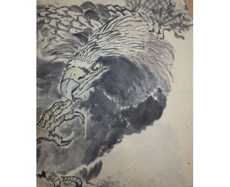 Chinese School, folio of assorted watercolours and prints including a study of an eagle, largest 56 x 48cm, all unframed