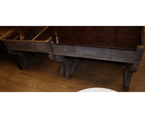 A pair of painted two drawer console tables (no tops) W.95cm