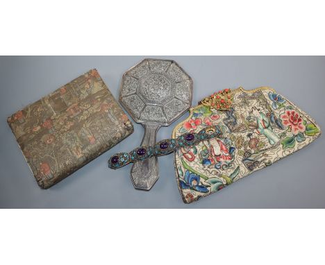 A Chinese embroidered silk purse, another purse, an gilt and enamel bracelet and a hand mirror (4)