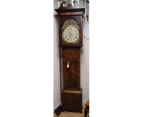 A 19th century Scottish mahogany longcase clock, having eight-day movement with painted break-arch dial H.234cm