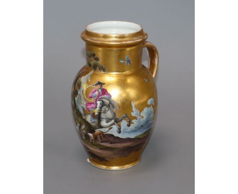 An 18th century Meissen outside decorated gilt porcelain stein, decorated with a hunting scene, (lacking lid), height 16cm
