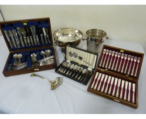 Silver plated punch bowl, a Mappin and Webb silver plated ice bucket and cased sets of Kings pattern flatware