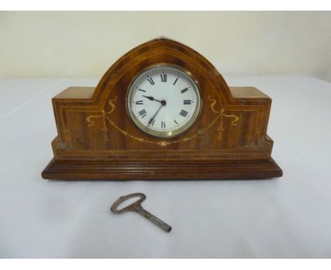 Edwardian mantle clock with satinwood inlays, enamel dial, Roman numerals, to include key