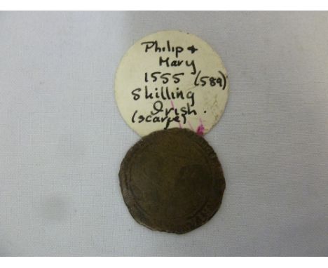 A Philip and Mary Irish shilling 1555 scarce af/f with old ticket