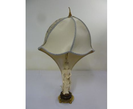 Early 20th century ivory table lamp in the form of Gunyin with silk shade, A/F
