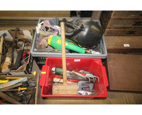 Two boxes containing garden tools including hose fittings, petrol can, garden sprinkler etc