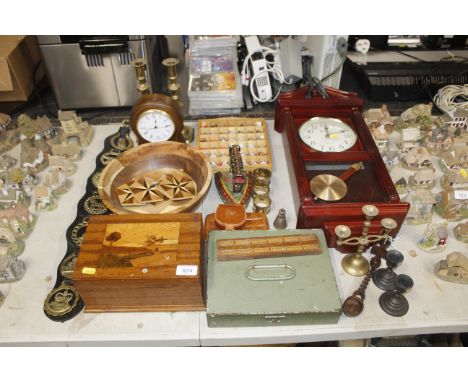 A marquetry inlaid storage box; a quantity of horse brasses; a pair of brass candlesticks; a cased wall clock etc.