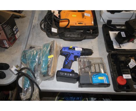 A Letton drill with drill bit set; a Black & Decker finishing sander