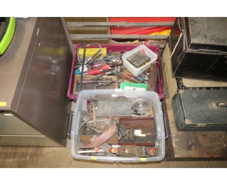 Two boxes of tools including Stilson drills, drill bits, wood planers etc 