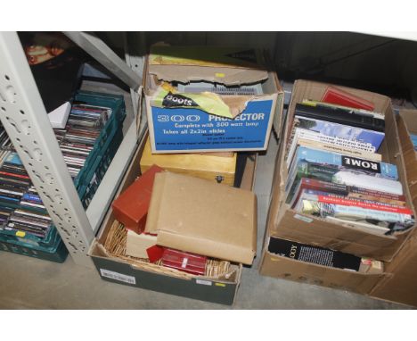 A projector together with various slide boxes
