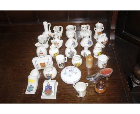 A quantity of various crested china to include W H Goss, an Aynsley trinket box and a pin cushion in the form of a shoe