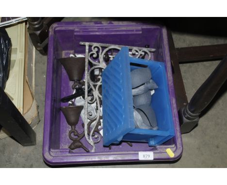 A box containing mouse tea light holders; cast bells and other sundry items