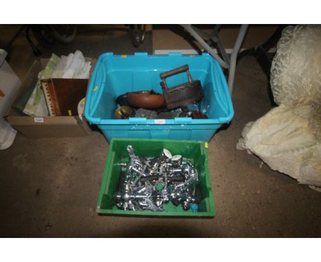 Two boxes, one containing tap fittings and shower heads and the other containing a vintage iron; coffee brewer; biscuit mould