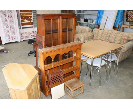 An oak display cabinet AF, a pine wall shelf, a carved mirrored panel, a gout stool and a stool 