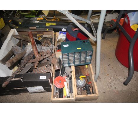Four wooden workshop trays containing various tools to include a drill brace; a glue gun; a quantity of fixings and screws et