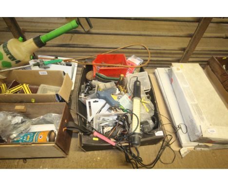 A box containing vehicle inspection lamp, hot glue gun, soldering iron, drill bits, screwdrivers and rope etc 