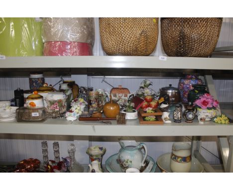 A collection of various decorative china to include Royal Doulton floral encrusted ornaments, a biscuit barrel, mantel clock,