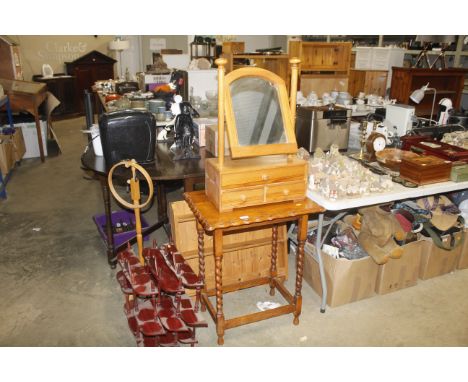 An oak side table raised on barley twist supports with a pine dressing table mirror fitted three drawers; a pine wall shelf; 