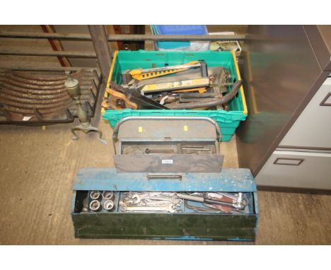 A box containing tools including saws, tile cutter and two tool boxes containing a quantity of tools including spanners, sock