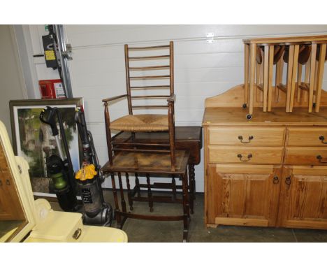 An oak gate leg table raised on barley twist supports; a ladder back and cane seated dining chair and a mahogany side table 