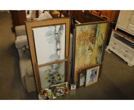 An oak framed fire screen and a quantity of various pictures and prints 
