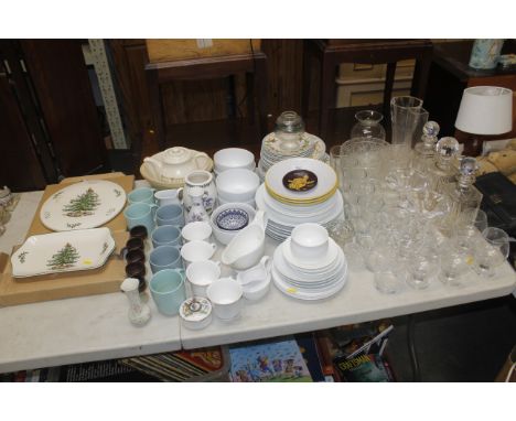 A quantity of various dinner and tea ware; a Portmeirion vase; two Spode 'Christmas Tree' plates and a quantity of glass ware