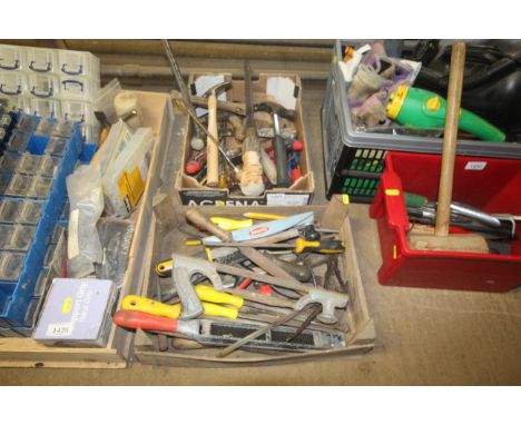 Two boxes of tools including wood files, screwdrivers, hammers etc