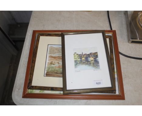 A framed and glazed watercolour study depicting a village indistinctly signed to the bottom right, a pencil signed etching an