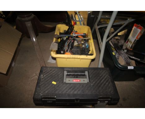A plastic tool box containing screws; small quantity of tools, together with a further box of tools 