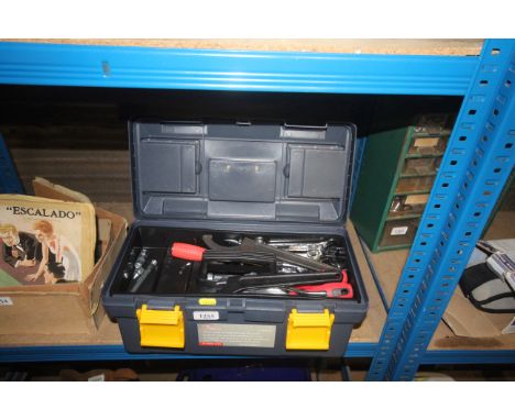 A plastic tool box with quantity of tools including spanners, sockets etc